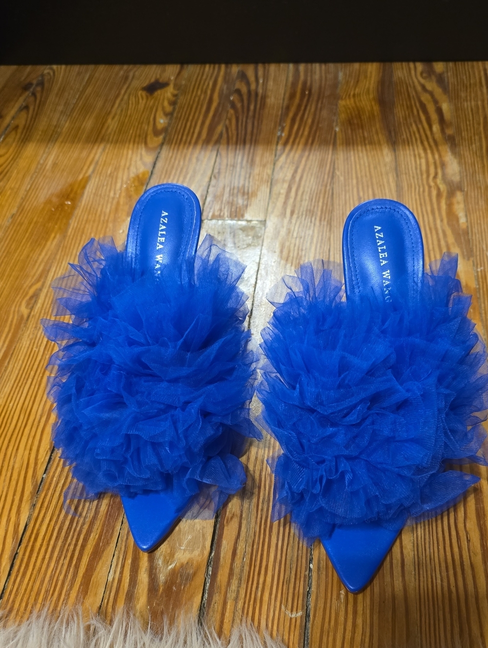Azalea Wang Birdie Blue Tulle Pointed Slide Heels
